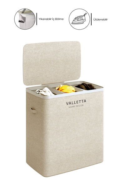 Paloma 120l Üç Yıkanabilir Bölmeli Katlanabilir Kumaş Kirli Çamaşır Sepeti Cappuccino Beige