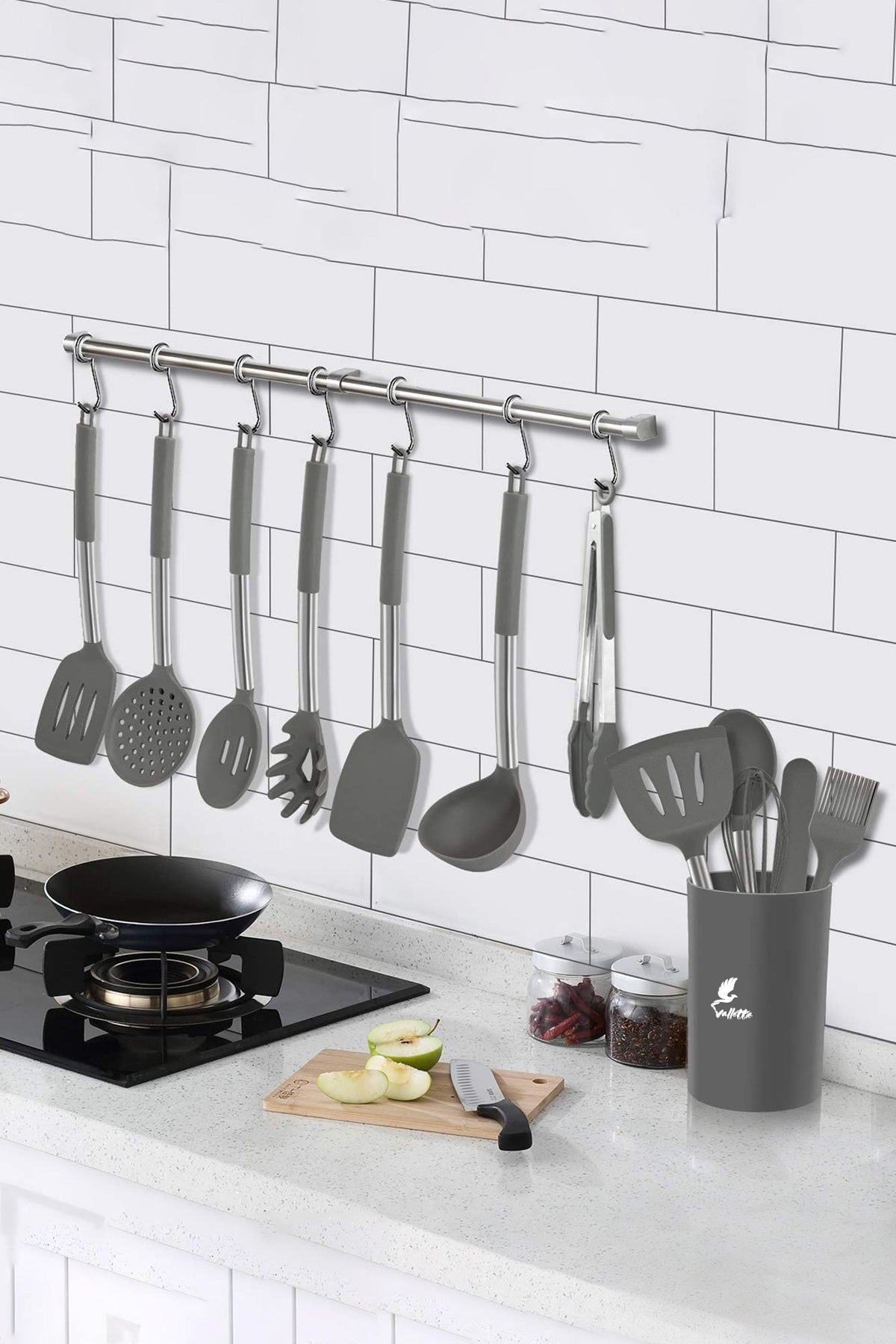 Guojin 26 Parça Paslanmaz Çelik Silikon Uçlu Spatula Mutfak Seti Gri