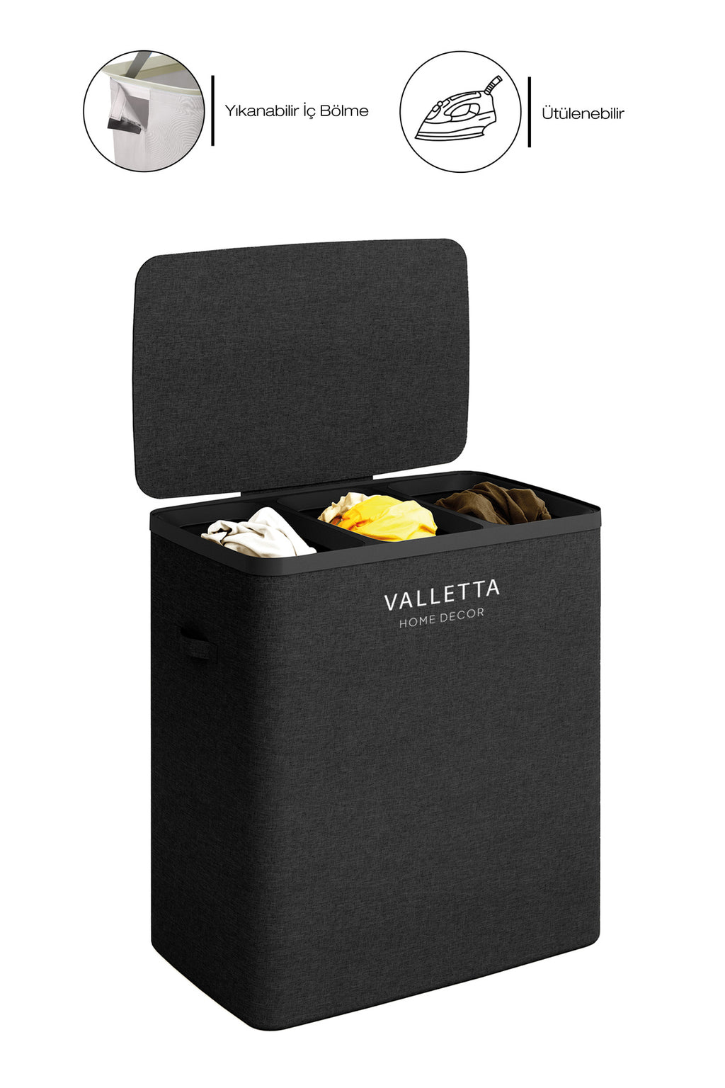 Paloma 120l Üç Yıkanabilir Bölmeli Katlanabilir Kumaş Kirli Çamaşır Sepeti Ink Black
