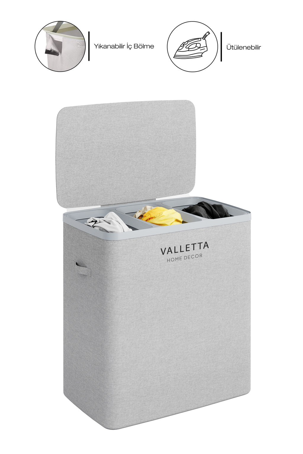 Paloma 120l Üç Yıkanabilir Bölmeli Katlanabilir Kumaş Kirli Çamaşır Sepeti Light Gray