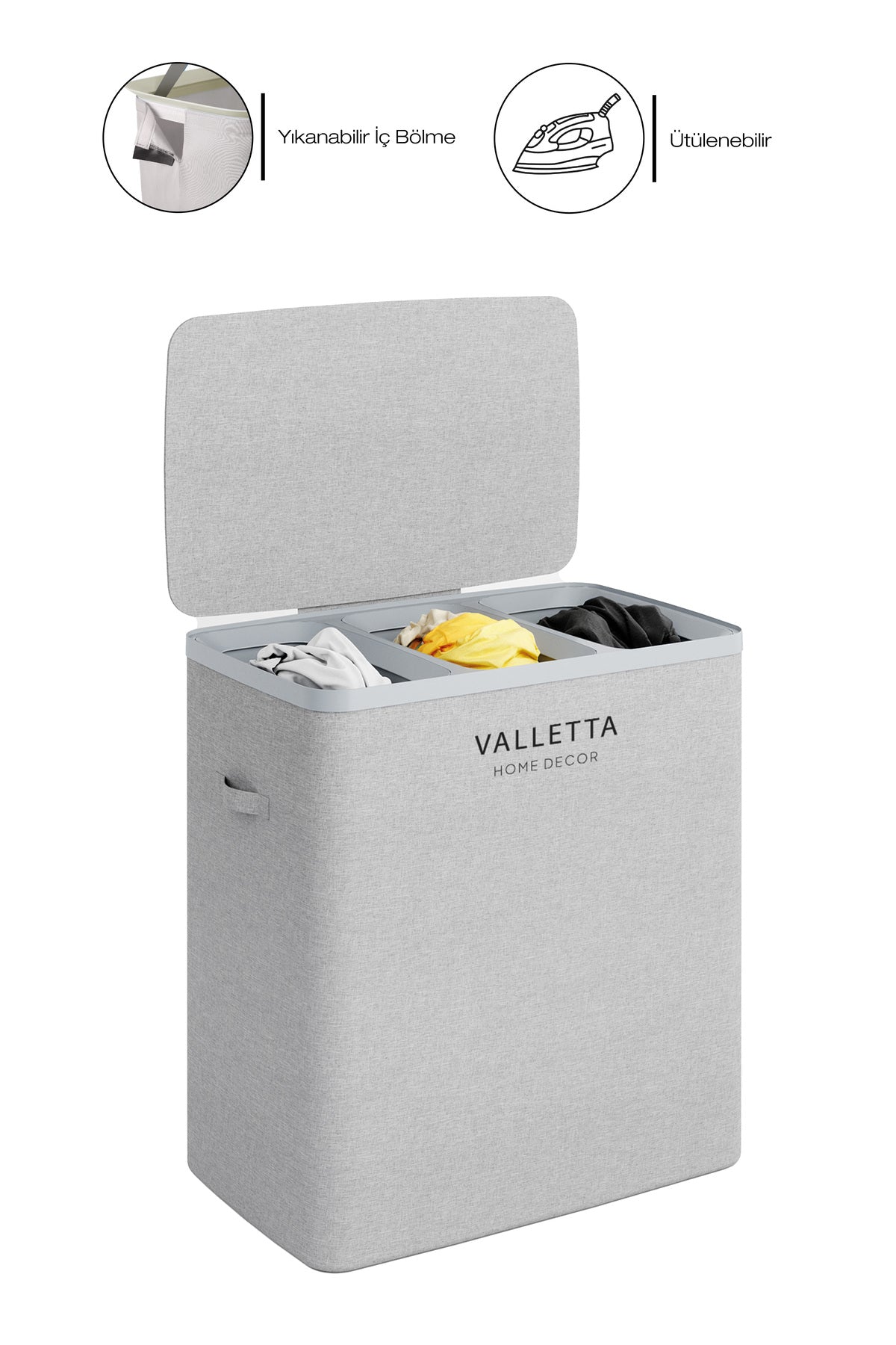 Paloma 120l Üç Yıkanabilir Bölmeli Katlanabilir Kumaş Kirli Çamaşır Sepeti Light Gray
