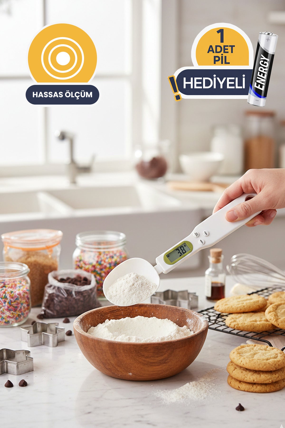 Saona Pil Hediyeli Dijital Kaşık Tartı - Hassas Mutfak Terazisi 500g LCD Ekranlı Ölçü Kaşığı