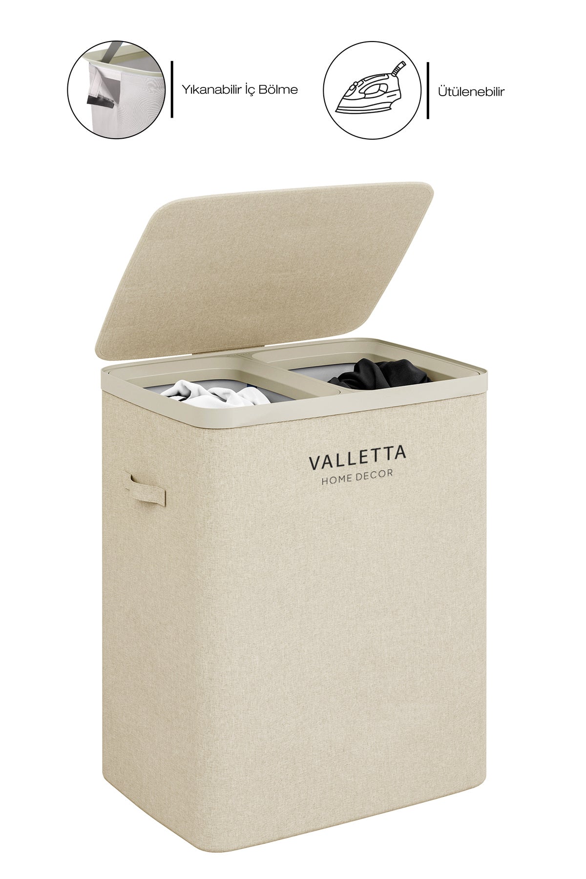 Paloma 100l Çift Yıkanabilir Bölmeli Katlanabilir Kumaş Kirli Çamaşır Sepeti Cappuccino Beige