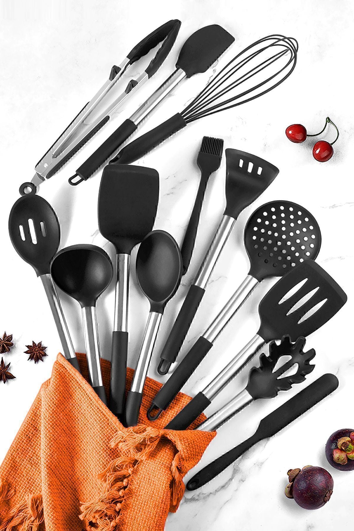 Mora 14 Parça Paslanmaz Çelik Silikon Uçlu Spatula Mutfak Seti Siyah
