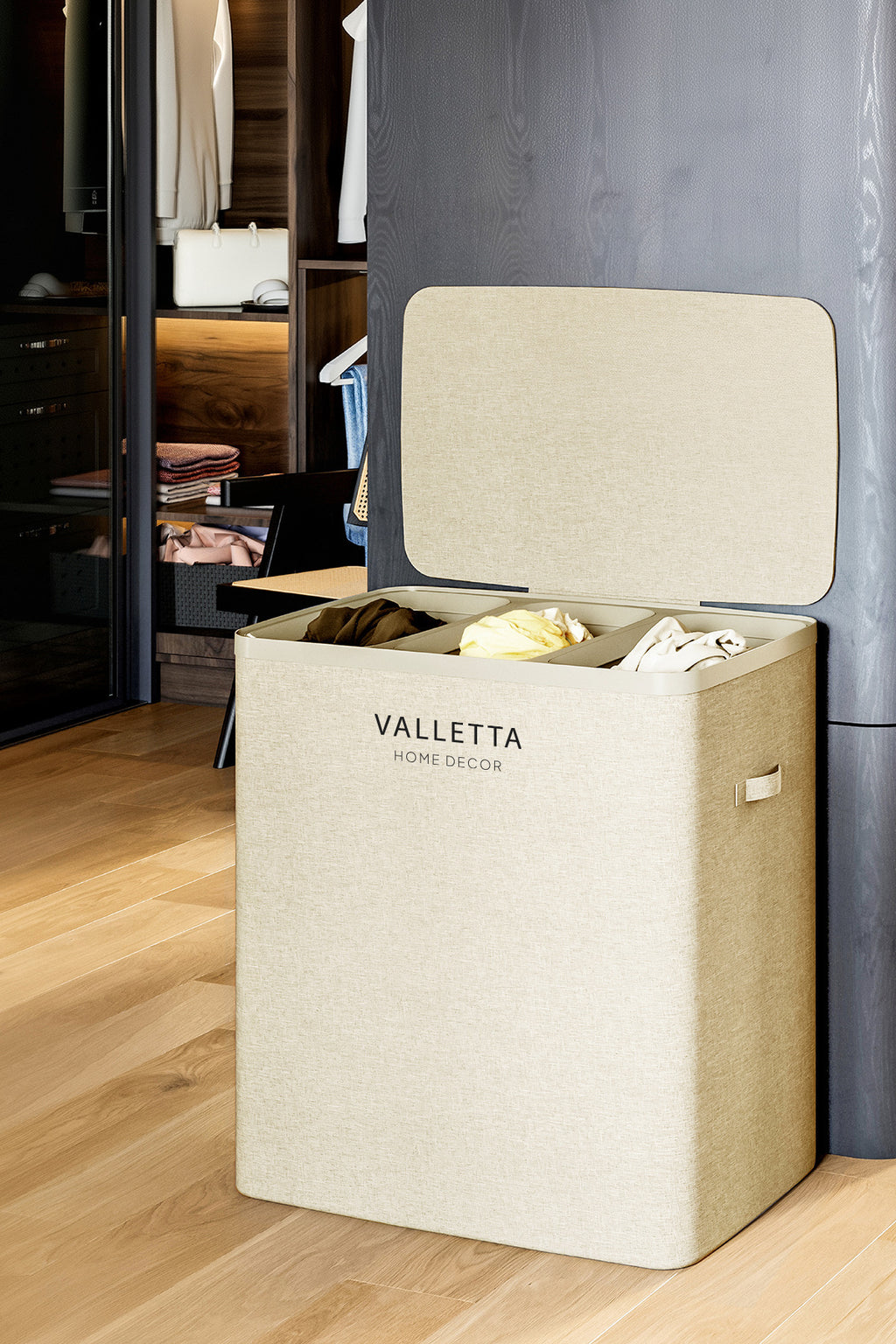 Paloma 120l Üç Yıkanabilir Bölmeli Katlanabilir Kumaş Kirli Çamaşır Sepeti Cappuccino Beige