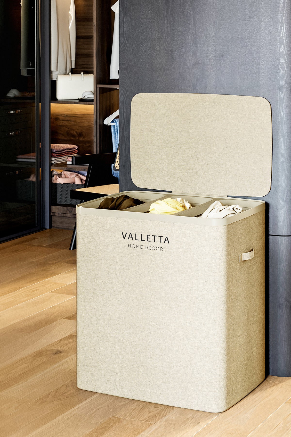 Paloma 120l Üç Yıkanabilir Bölmeli Katlanabilir Kumaş Kirli Çamaşır Sepeti Cappuccino Beige