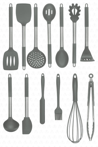 Mora 14 Parça Paslanmaz Çelik Silikon Uçlu Spatula Mutfak Seti Gri