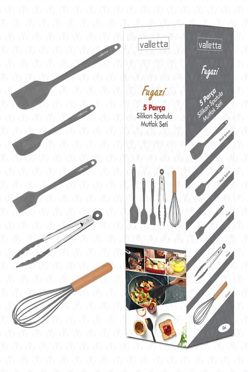 Fugazi Isıya Dayanıklı Yanmaz Yapışmaz Silikon Spatula Seti 5 Parça Gri