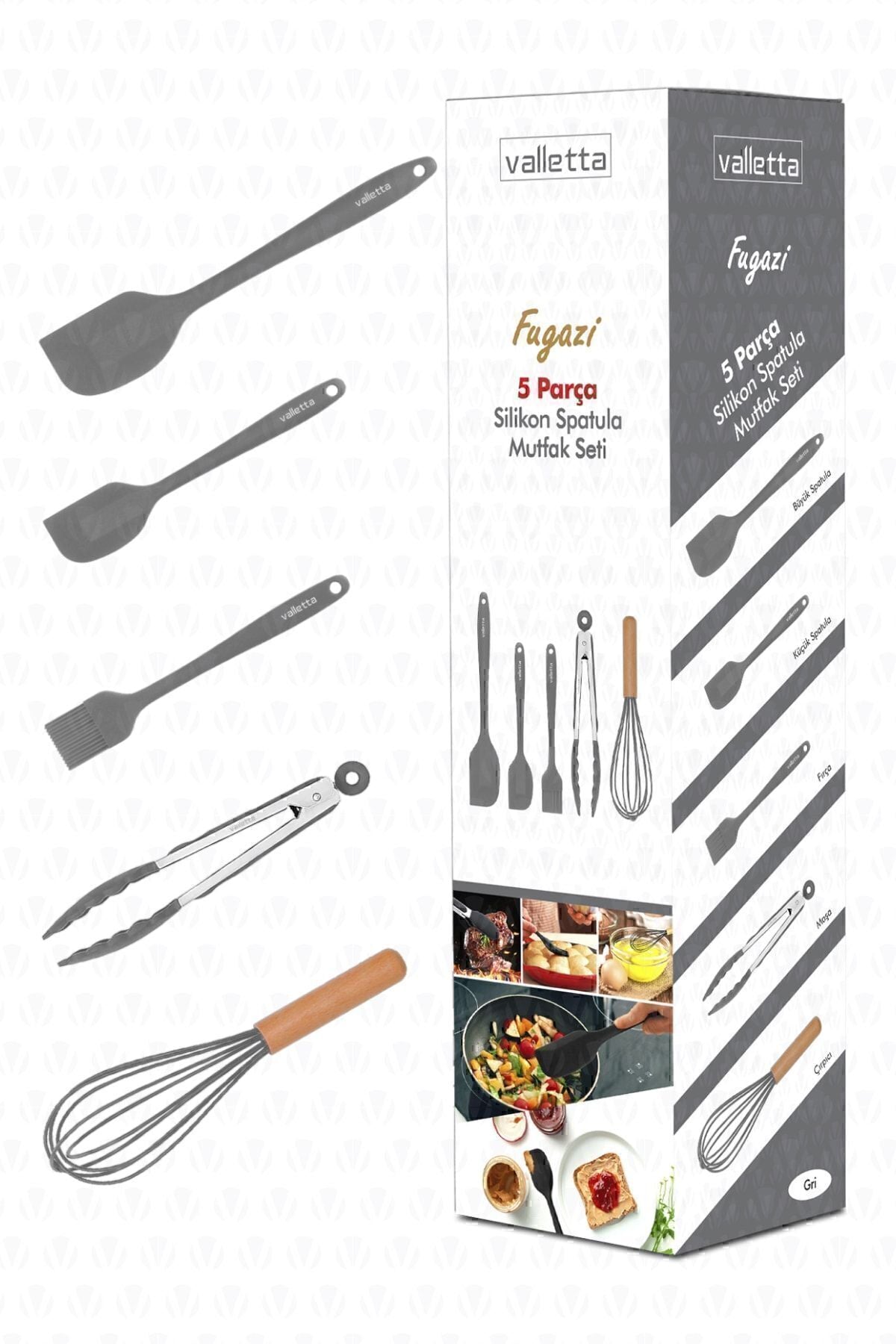 Fugazi Isıya Dayanıklı Yanmaz Yapışmaz Silikon Spatula Seti 5 Parça Gri