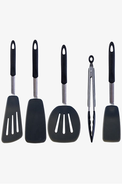 Isıya Dayanıklı Yanmaz Yapışmaz Silikon, Paslanmaz Çelik Spatula Set 5 Prça Siyah