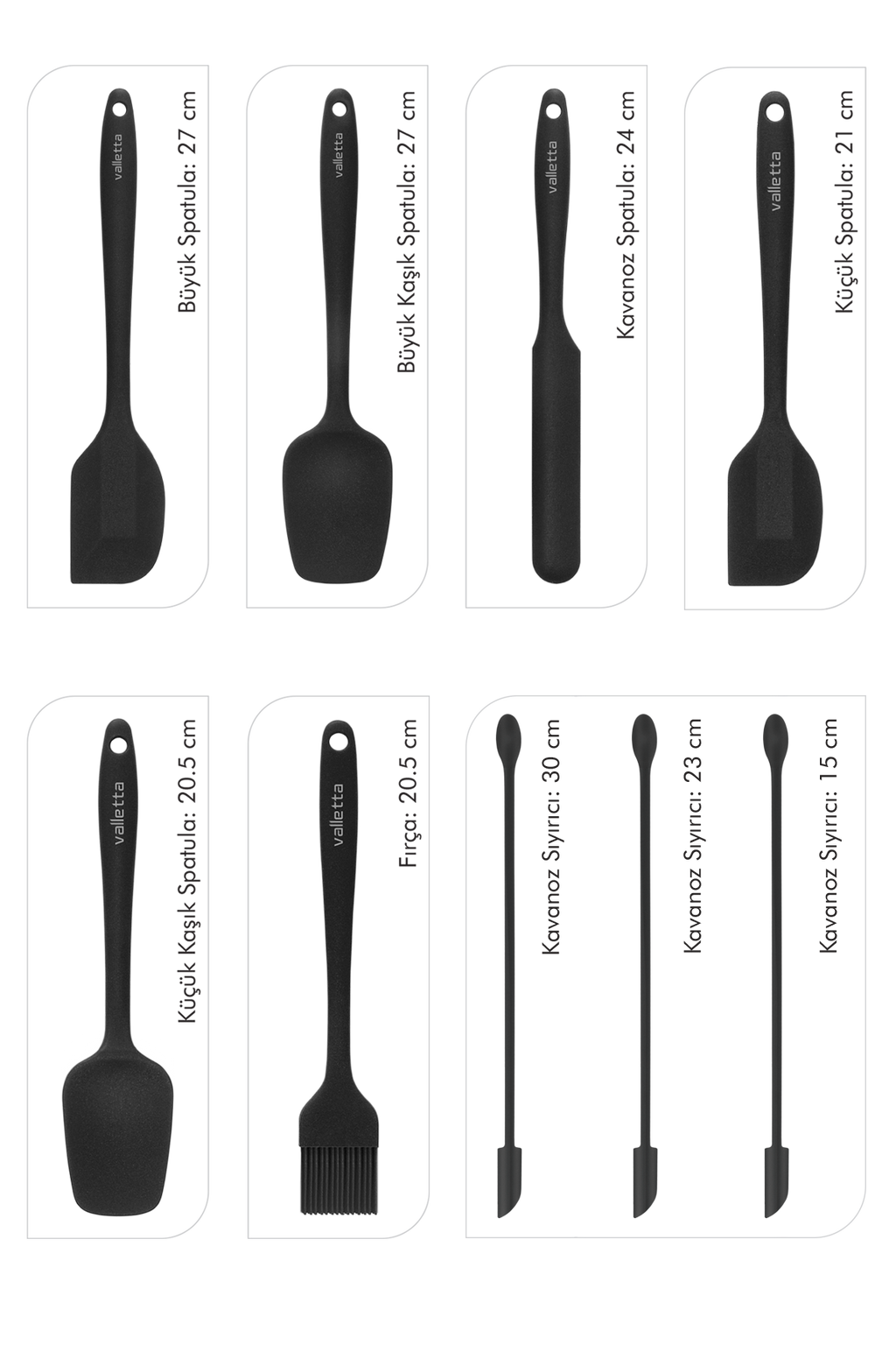 Drongo Kavanoz Sıyırıcılı Silikon Spatula Seti 9 Parça Siyah