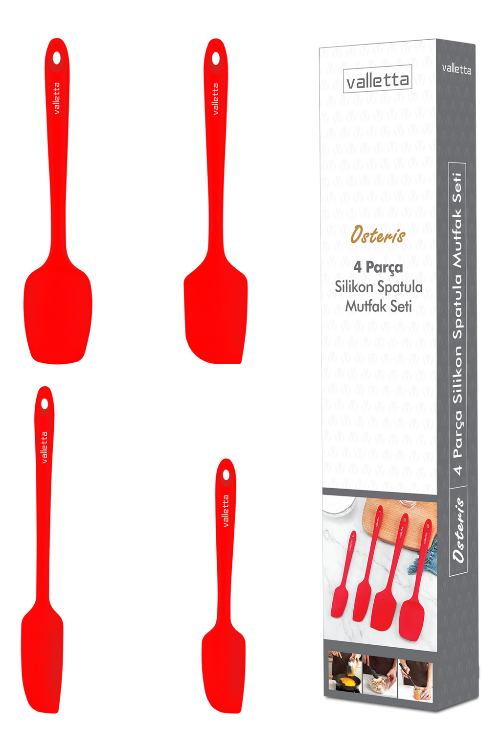 Osteris Isıya Dayanıklı Yanmaz Yapışmaz Silikon Spatula Seti 4 Parça Kırmızı