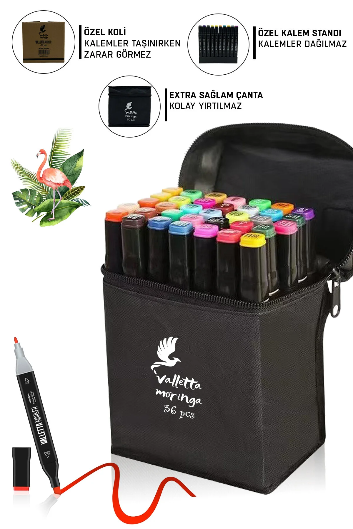 Moringa 36'lı Çift Taraflı Art Marker Keçeli Kalem Seti Çantalı