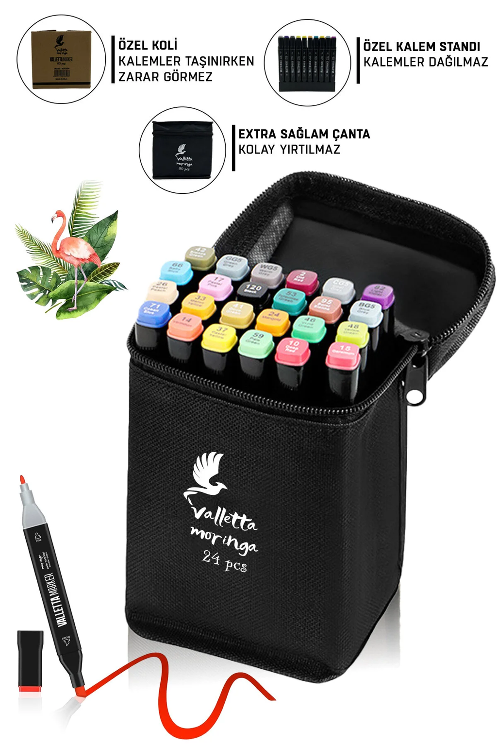Moringa 24'lü Çift Taraflı Art Marker Keçeli Kalem Seti Çantalı