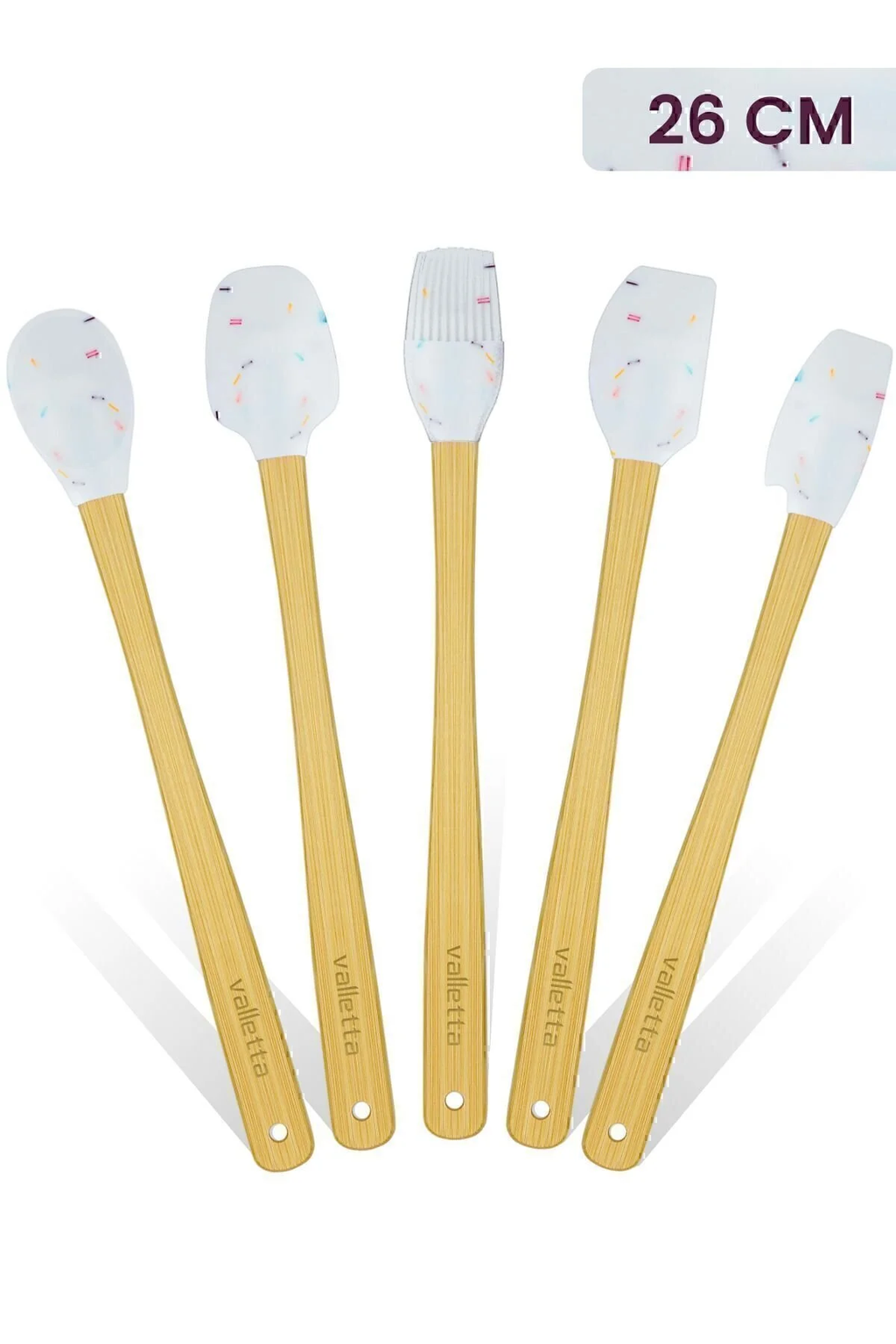 Indigo 5'li Beyaz Renkli Noktalı Bambu Silikon Spatula Seti Uzun 26 Cm