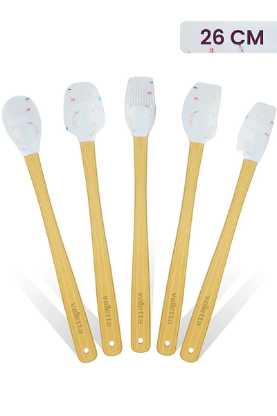 Indigo 5'li Beyaz Renkli Noktalı Bambu Silikon Spatula Seti Uzun 26 Cm