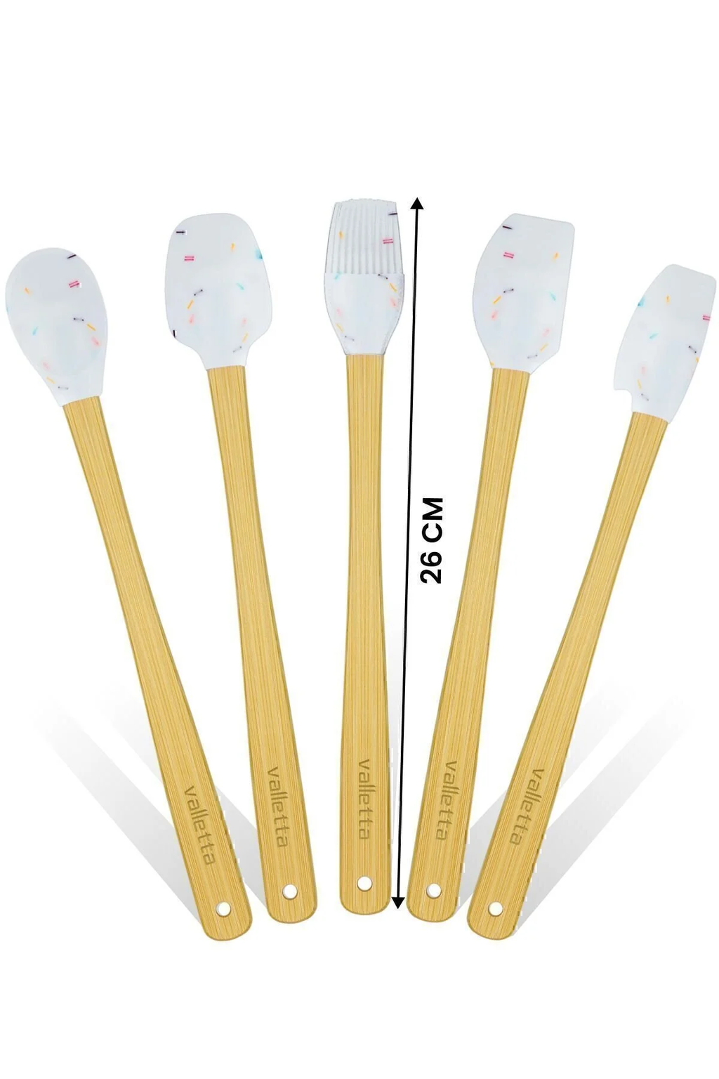 Indigo 5'li Beyaz Renkli Noktalı Bambu Silikon Spatula Seti Uzun 26 Cm