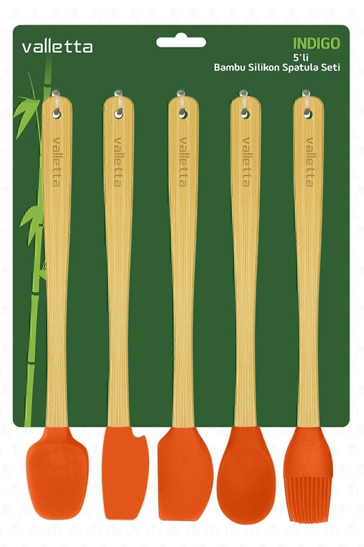 Indigo 5'li Turuncu Bambu Silikon Spatula Seti Uzun 26 Cm