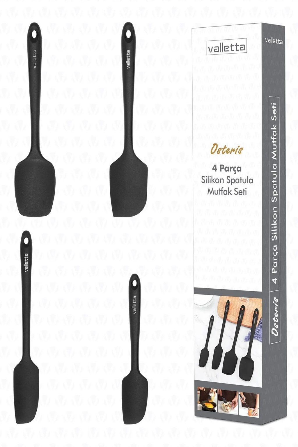 Osteris Isıya Dayanıklı Yanmaz Yapışmaz Silikon Spatula Seti 4 Parça Siyah